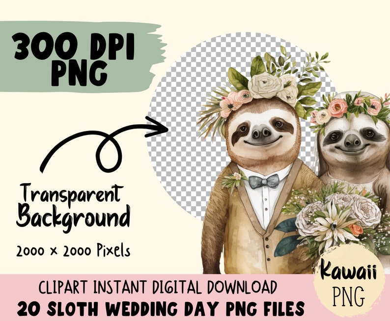 Sloth Clipart Watercolor Sloth Wedding PNG Commercial Use Animal Clip art image 3