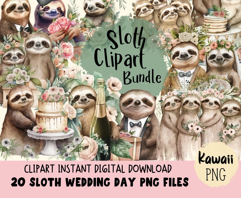 Sloth Clipart Watercolor Sloth Wedding PNG Commercial Use Animal Clip art image 1