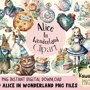 Watercolour Alice in Wonderland Clipart Alice in Wonderland PNG Fairytale Clipart Wonderland Character Bundle Fantasy Junk Journal Supplies