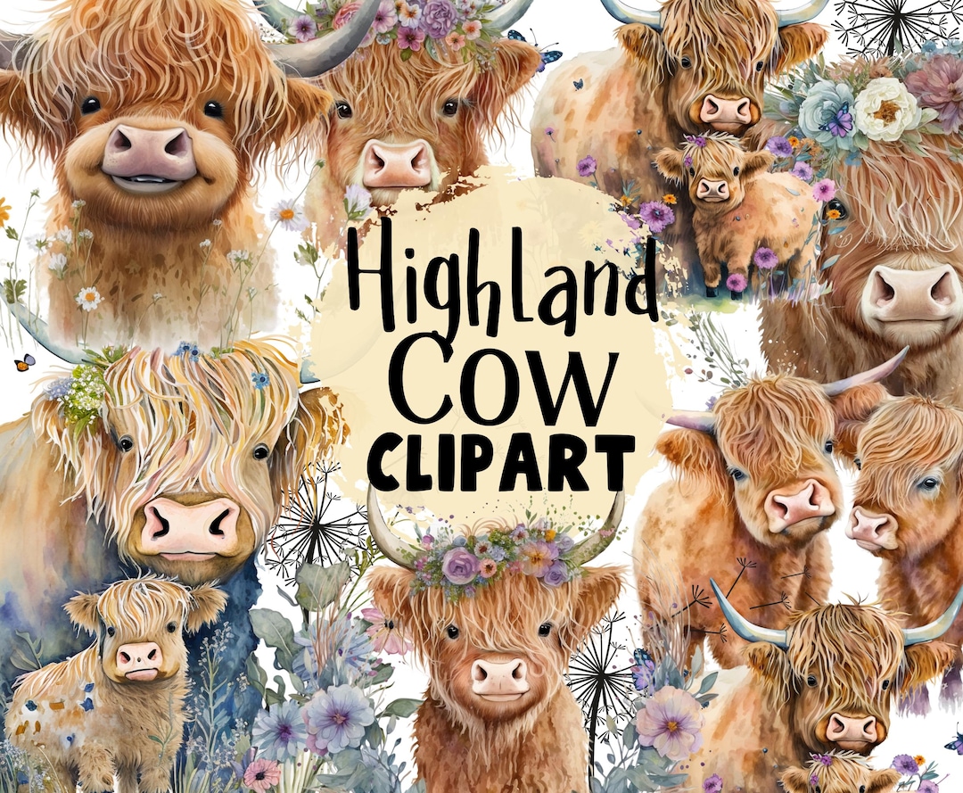 Highland Cow PNG Cow Watercolor Clipart Cute Baby Shower Graphics ...