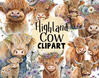 Highland cow PNG Cow Watercolor Clipart Cute Baby Shower Graphics Nursery Decor Wall Art Farm Animal PNG