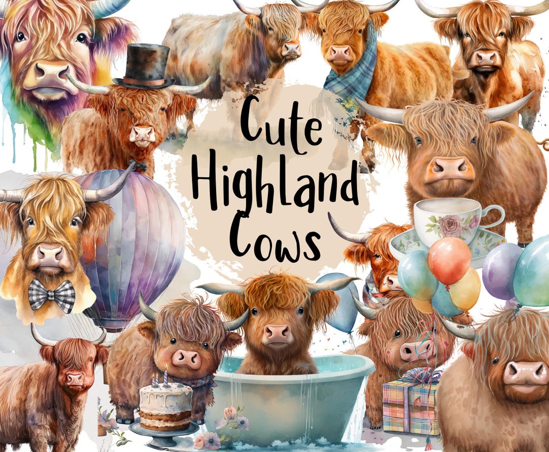 Funny Highland Cow PNG Cute Watercolor Highland Cow PNG Bundle on ...