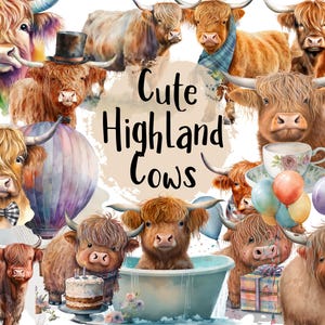 Funny Highland Cow PNG Cute Watercolor Highland Cow PNG Bundle On Transparent Background For Commercial Use