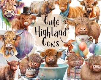 May include: Cute Highland Cows watercolor illustration featuring a variety of cows in different poses, some with accessories like hats, bow ties, and balloons. The text "Cute Highland Cows" is written in a whimsical font.