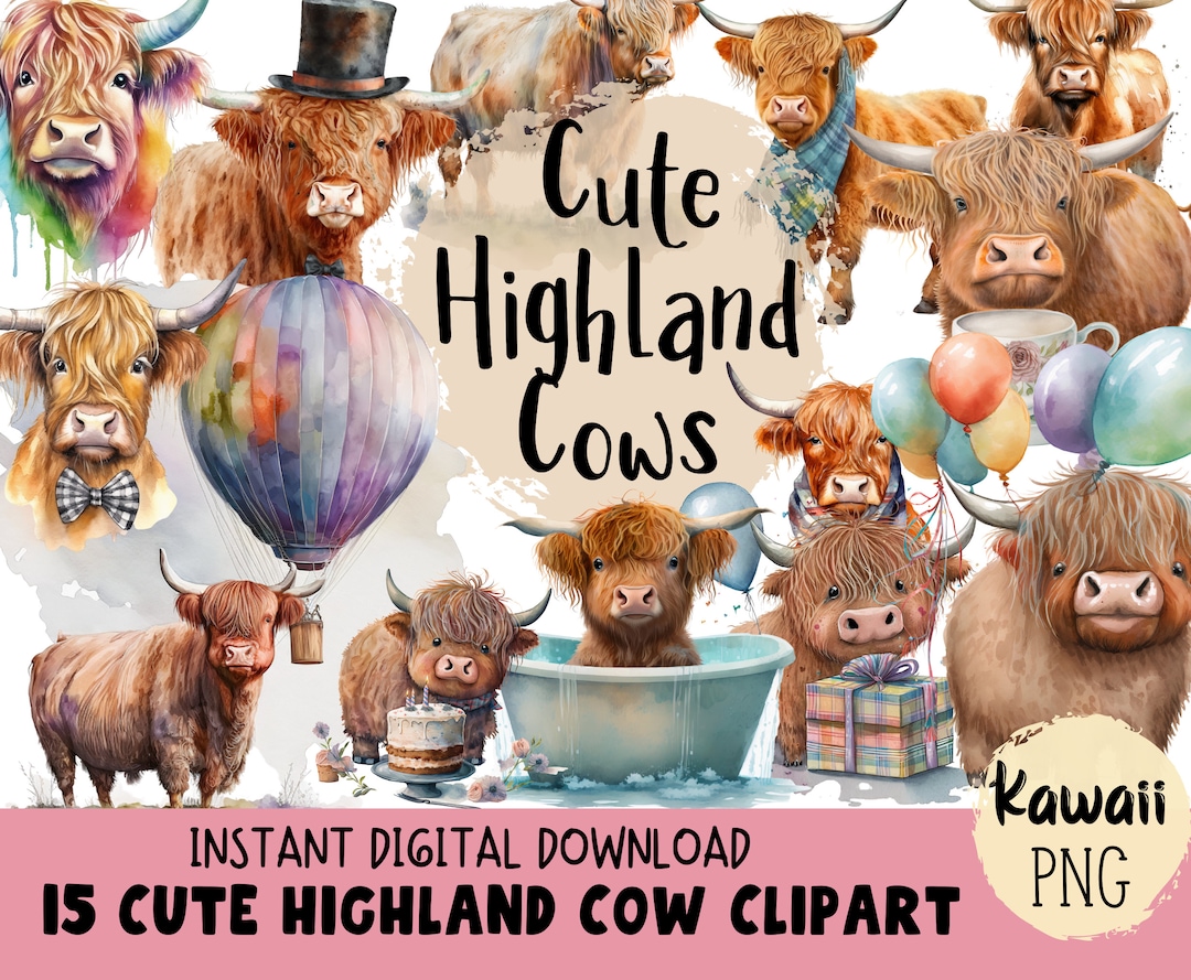 Funny Highland Cow PNG Cute Watercolor Highland Cow PNG Bundle on ...