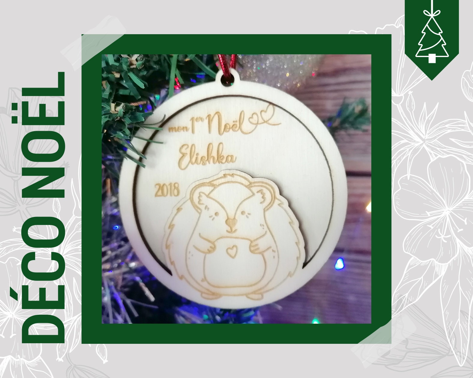 Boules de Noël Mon 1Er - Prénom et Année avec Un Hérisson