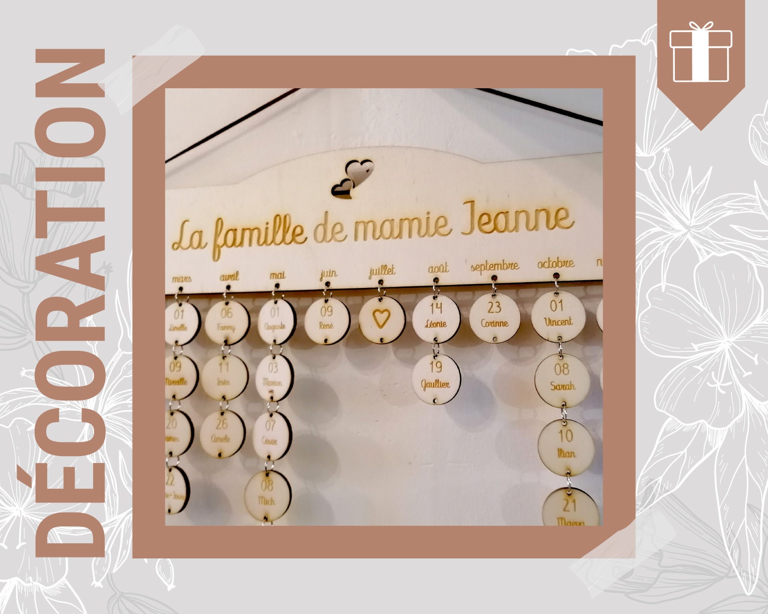 Calendrier Des Anniversaires Perpétuel et Coeur - Suspension Décoration en Bois Gravure Personnalisé