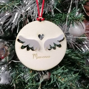 Christmas ball in wood and pearly plexi - little angel and baby angel - personalized engraving