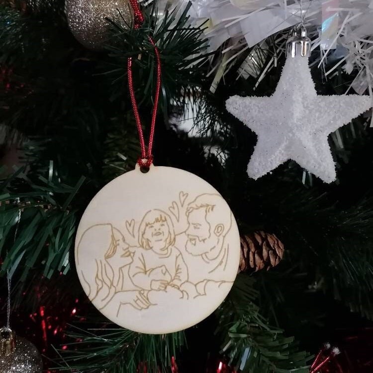 Boules de Noël - Gravure Illustration d'après Votre Photo Pièce Unique Personnalisées en Bois Peupli