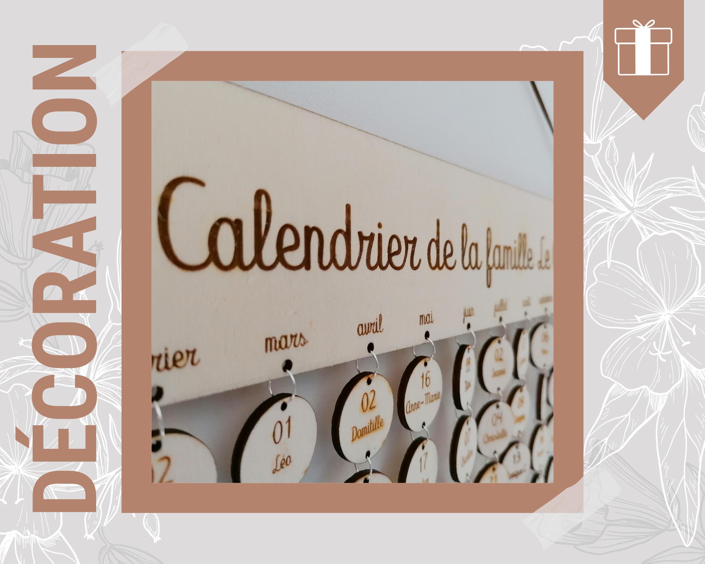Calendrier Des Anniversaires Perpétuel et Décoration Florale - Suspension en Bois Gravure Personnali