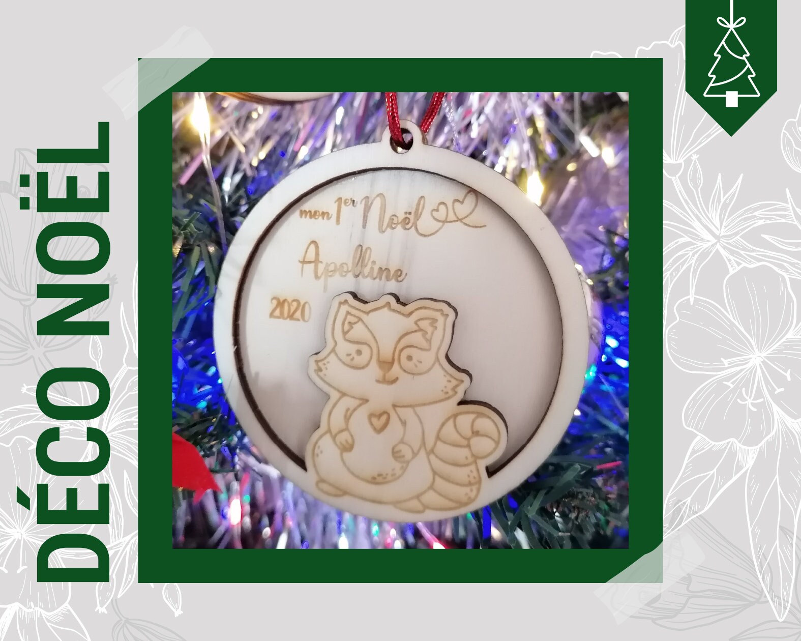 Boules de Noël Mon 1Er - Prénom et Année avec Un Raton Laveur