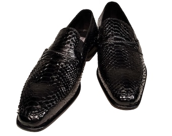 Python Snakeskin Men&#39;s Ronaldo Solid Black Italian Leather Loafer Dress Shoes