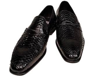 Python Snakeskin Men's Ronaldo Solid Black Italian Leather Loafer Dress Shoes