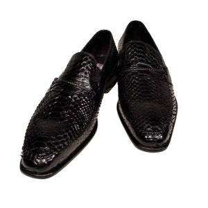 Python Snakeskin Men&#39;s Ronaldo Solid Black Italian Leather Loafer Dress Shoes