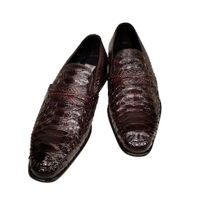 Python Snakeskin Men&#39;s Ronaldo Solid Brown Italian Leather Loafer Dress Shoes
