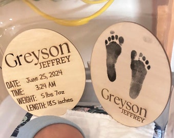 Birth Stats and Footprint Keepsake Set, two 6 inch Engraved Wood Circles.