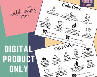 ケーキのお手入れ方法説明カード、配達、ピックアップ、カスタムケーキ、編集可能、テンプレート、ベーカリー持ち帰りカード、4x6、サーマル印刷対応、カップケーキ