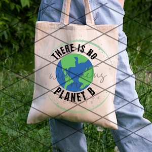 May include: A beige tote bag with a green and blue earth graphic and the text "There is no planet B".