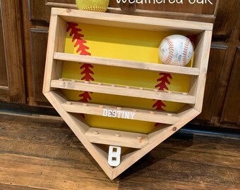softball and ring display, Home run ball and ring holder, softball shelf, ring shelf, softball decor, championship ring holder, softball