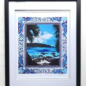 May include: A framed print of a tropical beach scene with palm trees, blue water, and a rocky shore. The print is surrounded by a decorative border with blue, purple, and white geometric patterns.
