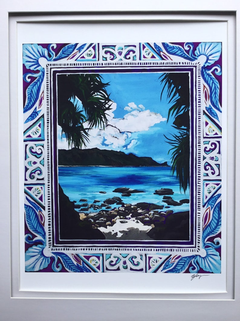 May include: A framed painting of a tropical beach scene with a blue sky, white clouds, and a turquoise ocean. The painting is surrounded by a decorative border with blue, white, and purple geometric patterns.