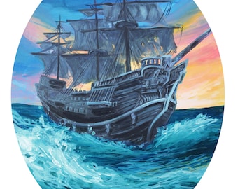 Impresión de bellas artes del atardecer del barco pirata