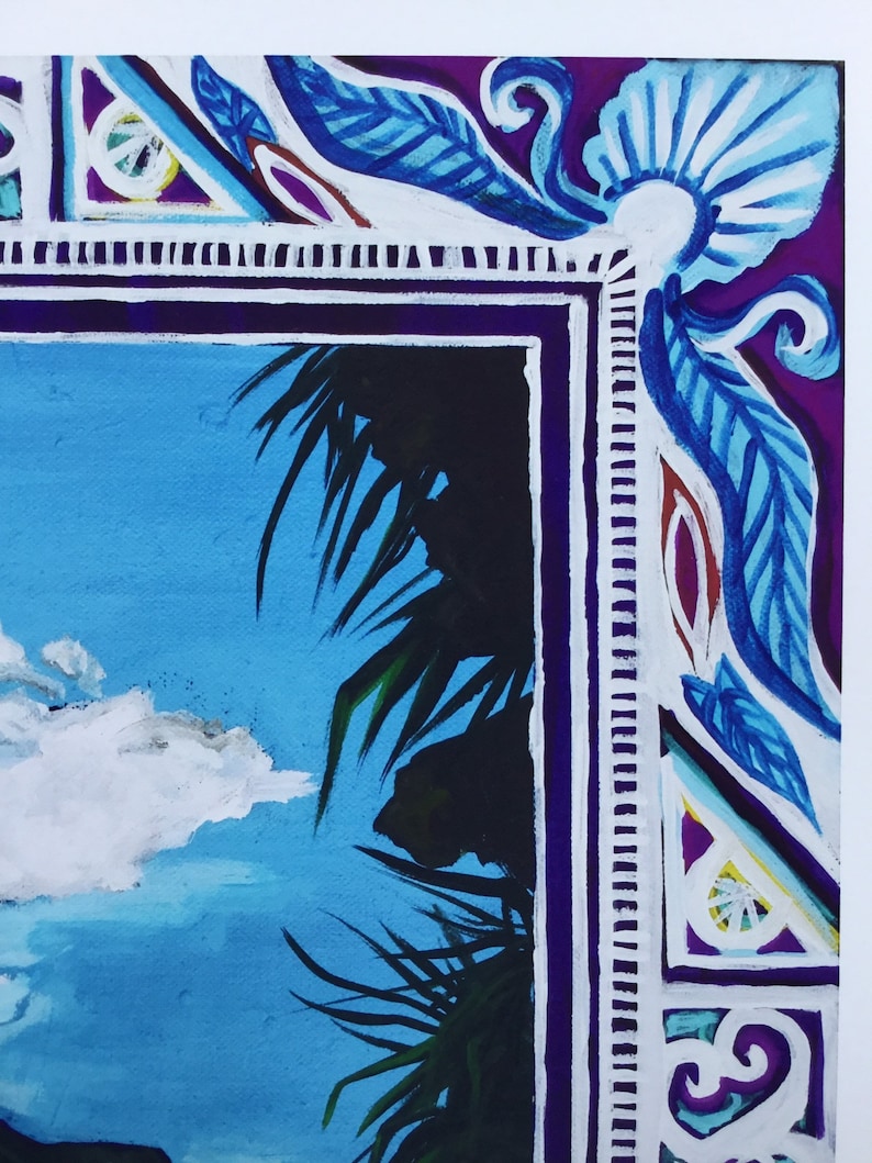 May include: A close-up of a painting with a blue, white, and purple frame. The frame has a decorative design with leaves and swirls. The painting depicts a blue sky with white clouds and green palm trees.