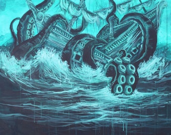 Puede incluir: Una pintura azul oscuro y turquesa de un pulpo gigante atacando un barco. Los tentáculos del pulpo están envueltos alrededor del barco, y el barco se está hundiendo en el agua. El agua es de color azul oscuro, y el cielo es de color azul claro.