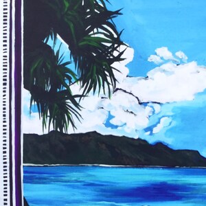 May include: A painting of a tropical scene with a palm tree in the foreground, a blue ocean, a rocky shore, and a mountain range in the background. The sky is blue with white clouds.