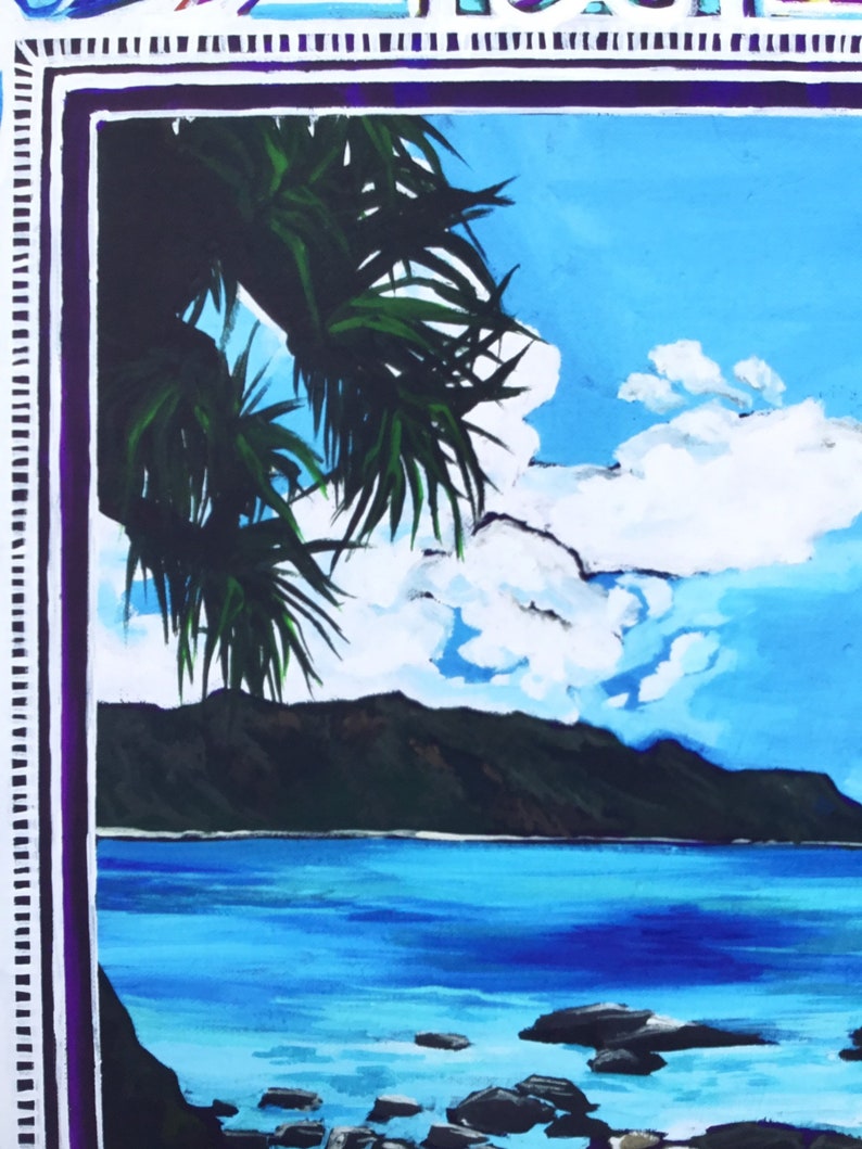 May include: A painting of a tropical scene with a palm tree in the foreground, a blue ocean, a rocky shore, and a mountain range in the background. The sky is blue with white clouds.