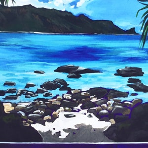 May include: A painting of a tropical beach scene with a mountain range in the background. The water is a vibrant blue and there are rocks in the foreground. The sky is a light blue with white clouds.