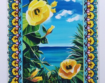 Once Upon An Island Yellow Floral Ocean View Inkjet Art Print