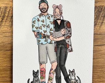 Watercolor Family Portrait | 8"x10" | Handmade Portrait Painting
