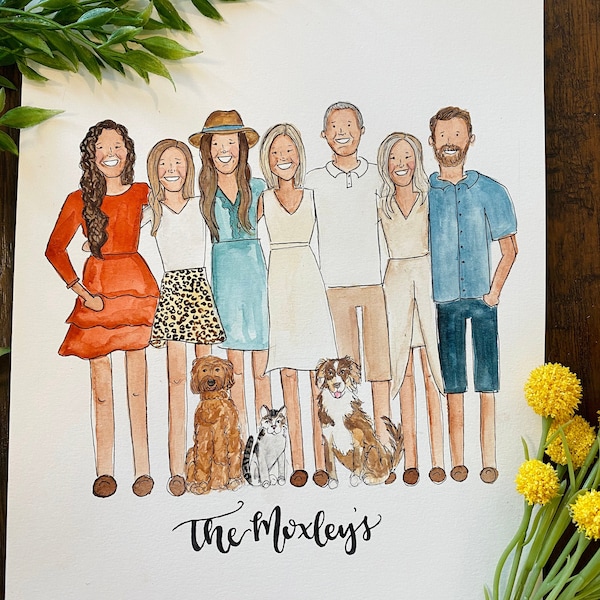 Watercolor Family Portrait | 11"x14" | Handmade Portrait Painting