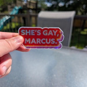 May include: A sticker with the text "SHE'S GAY, MARCUS." in white letters on a red background. The sticker has a rainbow-coloured border and is held up against a blurred outdoor background.