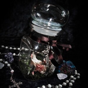 May include: A clear glass jar with a rounded lid, filled with dried flowers and moss, tied with a brown ribbon. A silver cross charm hangs from the ribbon. A pearl rosary and crystals are arranged around the jar on a dark surface.
