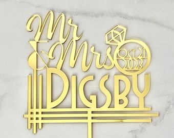 Art Deco Mr. & Mrs. Wedding Cake Topper Customizable // Vintage, Gatsby Style Cake Topper, 20's Style, Laser Cut Acrylic, Rose Gold Mirror