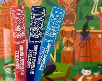 Custom Tiki Mask Stir Sticks for Cocktails // Tiki, Retro, Vintage, Tropical Style Drink Stirrers, Swizzle Sticks, Color Acrylic, Set of 6