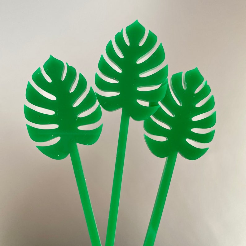 Monstera Leaf Stir Sticks for Cocktails // Tropical Party Decor, Palm Fronds, Drink Stirrers, Swizzle Sticks, Color Acrylic, Set of 6 image 9