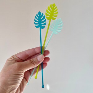 Monstera Leaf Stir Sticks for Cocktails // Tropical Party Decor, Palm Fronds, Drink Stirrers, Swizzle Sticks, Color Acrylic, Set of 6 image 3