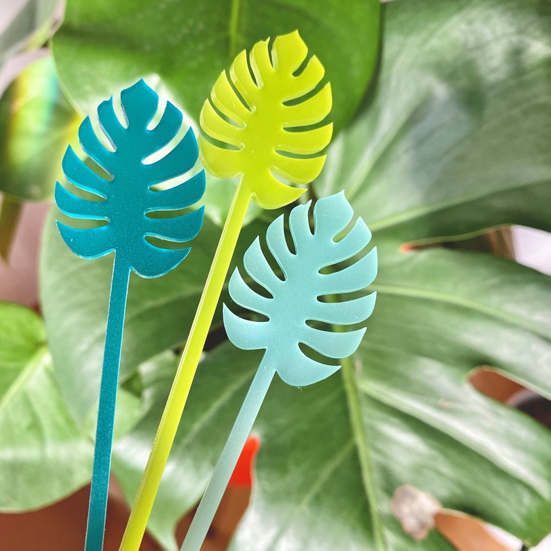 Monstera Leaf Stir Sticks for Cocktails // Tropical Party Decor, Palm Fronds, Drink Stirrers, Swizzle Sticks, Color Acrylic, Set of 6 image 1