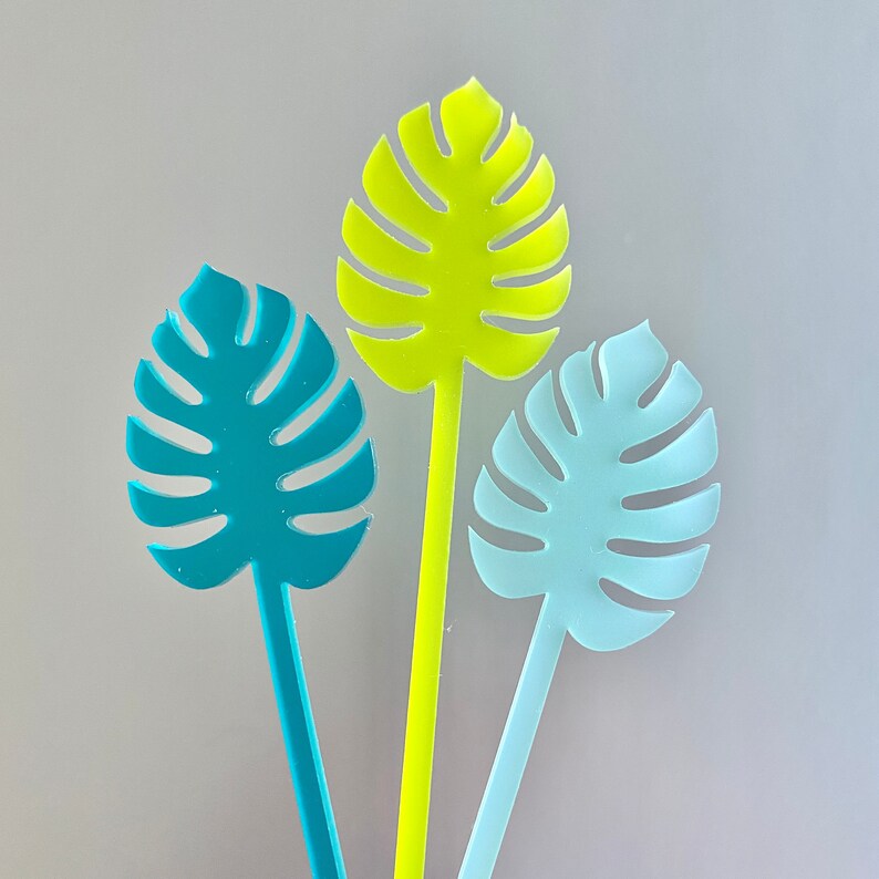 Monstera Leaf Stir Sticks for Cocktails // Tropical Party Decor, Palm Fronds, Drink Stirrers, Swizzle Sticks, Color Acrylic, Set of 6 image 2