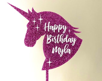 Unicorn Cake Topper // Custom Happy Birthday Topper, Personalized Rainbow and Unicorns Theme Kids Party, Girl Birthday Party, Color Acrylic