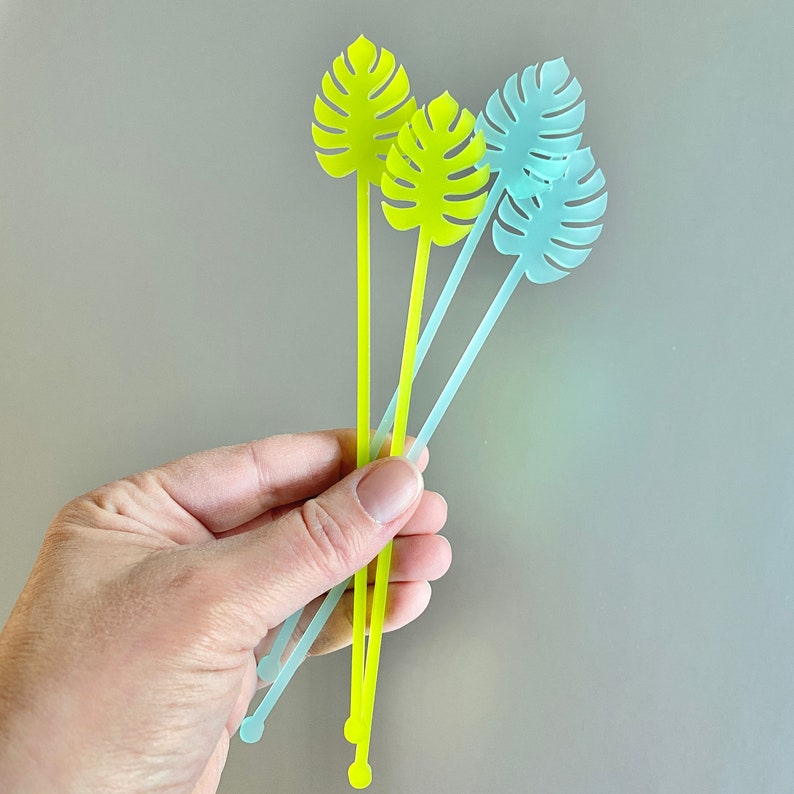 Monstera Leaf Stir Sticks for Cocktails // Tropical Party Decor, Palm Fronds, Drink Stirrers, Swizzle Sticks, Color Acrylic, Set of 6 image 5