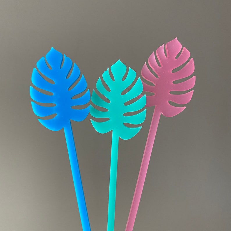 Monstera Leaf Stir Sticks for Cocktails // Tropical Party Decor, Palm Fronds, Drink Stirrers, Swizzle Sticks, Color Acrylic, Set of 6 image 7