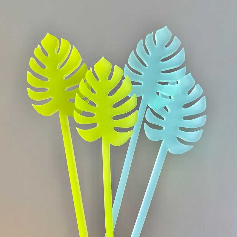 Monstera Leaf Stir Sticks for Cocktails // Tropical Party Decor, Palm Fronds, Drink Stirrers, Swizzle Sticks, Color Acrylic, Set of 6 image 4