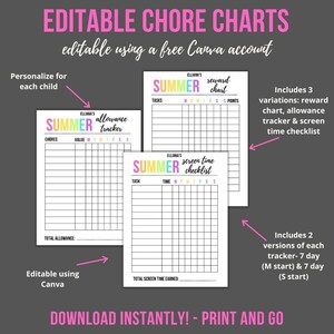 Printable Editable SUMMER Allowance Tracker | Reward Chart | Screen Time Checklist for Kids | Chore Chart for Kids | Instant Download