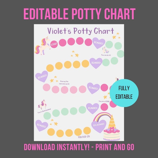 Editable Potty Chart | Printable Unicorn Potty Chart for Girls | Potty Training Chart | Reward Chart | Potty Training Printable | Download