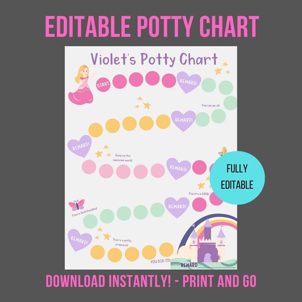 Editable Potty Chart | Printable Princess Potty Chart for Girls | Potty Training Chart | Reward Chart | Potty Training Printable | Download