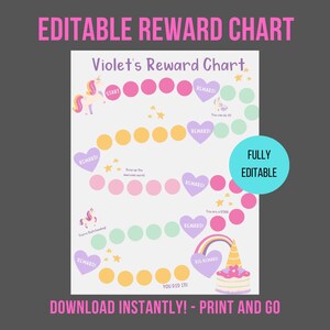Grafico ricompensa modificabile / Grafico ricompensa unicorno stampabile per ragazze / Grafico ricompensa ragazza / Grafico ricompensa / Grafico adesivo stampabile / Scarica